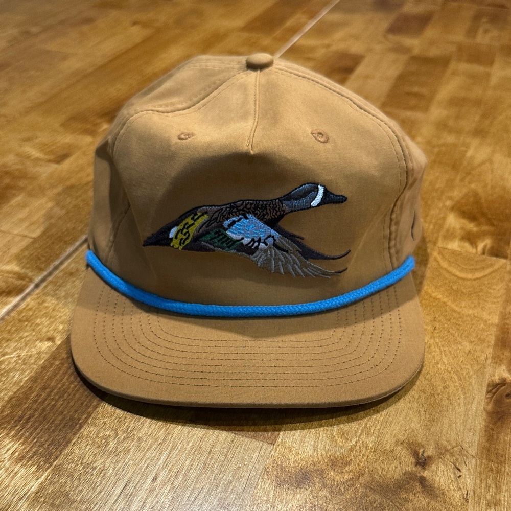 Duck Camp Brown Embroidered Hat SnapBack with Blue Accent
